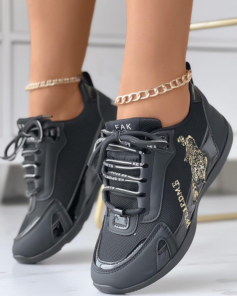 Tiger Embroidered Color Block Lace Up Sneakers