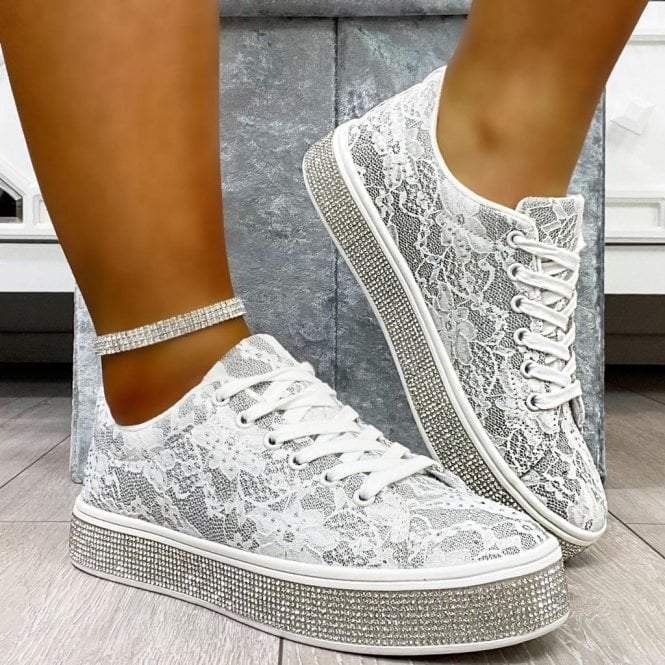 Shinning Lace Trim White Sneakers