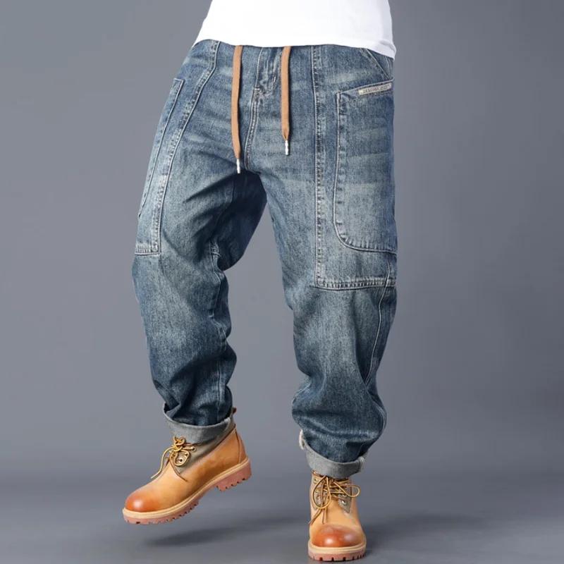 Loose Straight-leg Washed Denim Distressed Multi-pocket Jeans