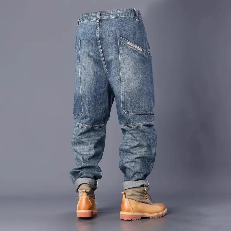 Loose Straight-leg Washed Denim Distressed Multi-pocket Jeans