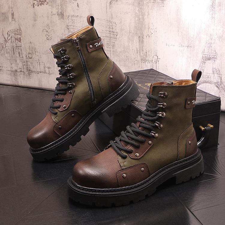 Men's Autumn Winter High Top Casual Color Blocked Retro Motorcycle Boots