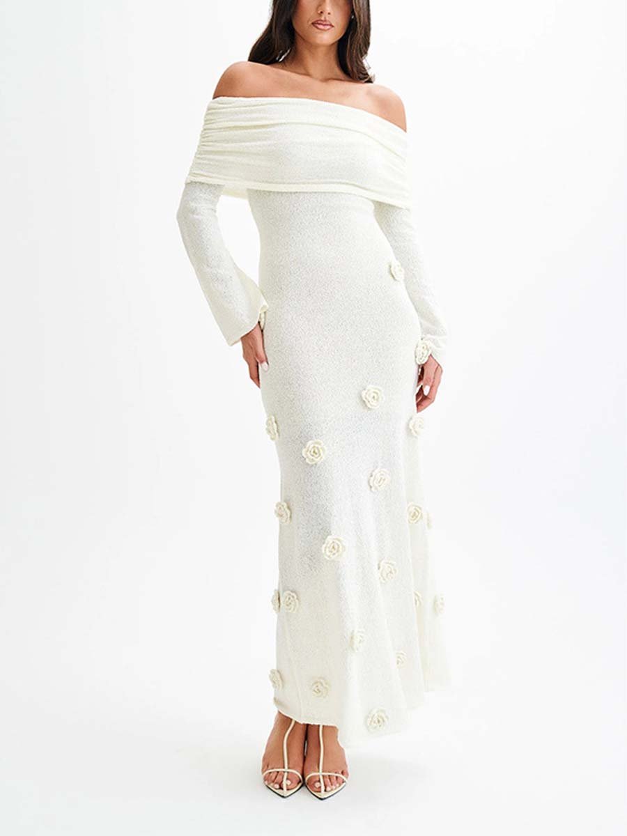 Sexy 3D Flower Maxi One Shoulder Knitted Dress