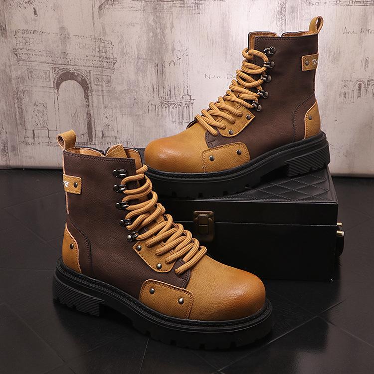 Men's Autumn Winter High Top Casual Color Blocked Retro Motorcycle Boots