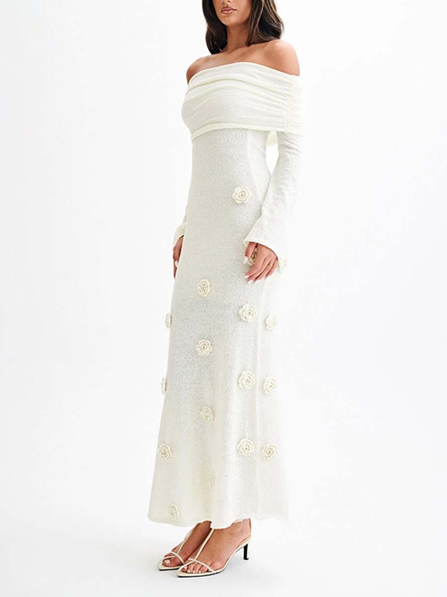 Sexy 3D Flower Maxi One Shoulder Knitted Dress