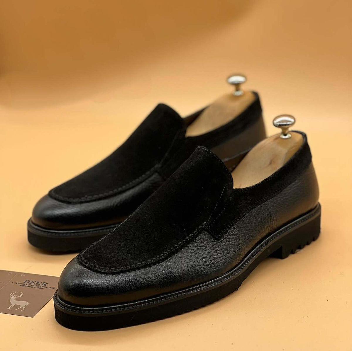 Men's Black Genuine Leather Suede Slip On Shoes