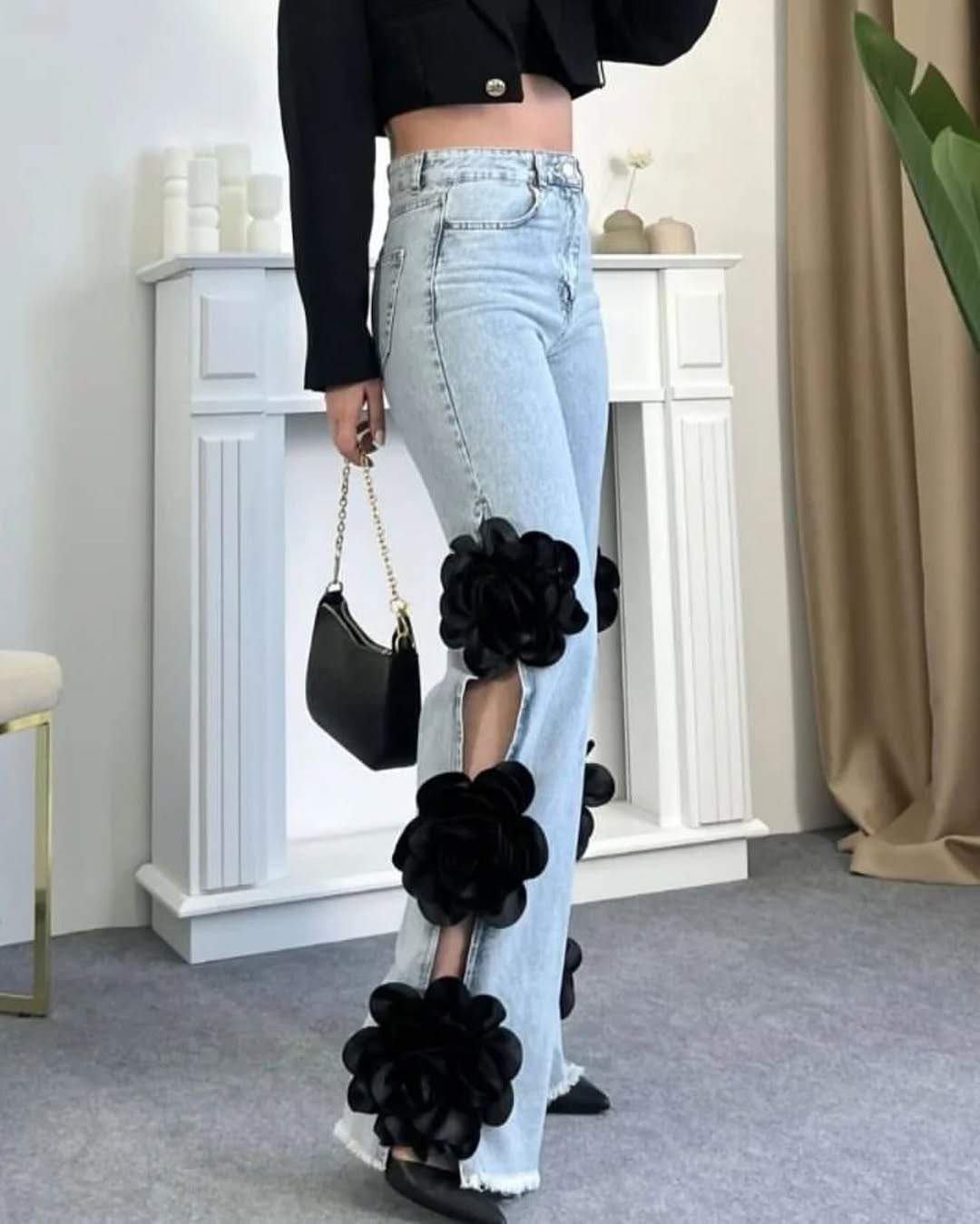 Slit 3D Flower Straight Pants