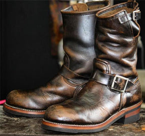 1930's Vintage Triple Stitched Horsehide Brass Buckle Engineer Boots