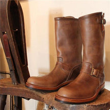 1930's Vintage Triple Stitched Horsehide Brass Buckle Engineer Boots