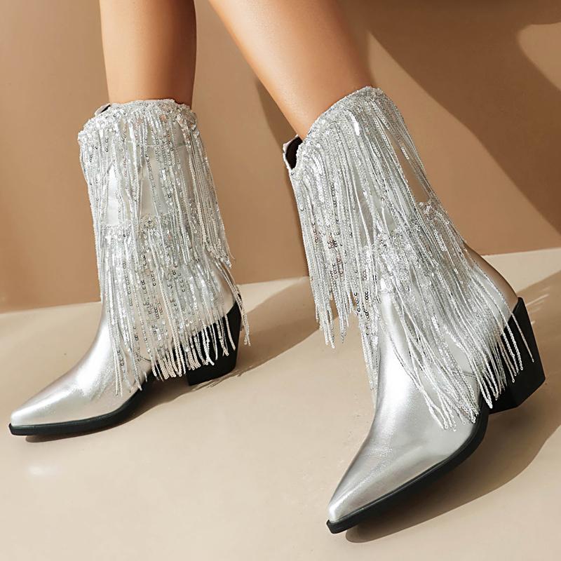 Women's Pointed Boots Thick Heel Tassel Boots