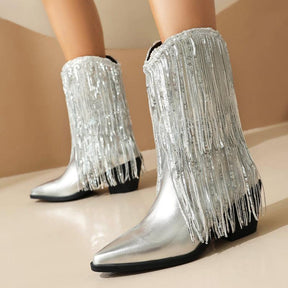 Women's Pointed Boots Thick Heel Tassel Boots