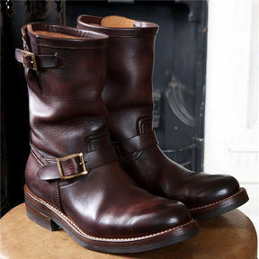 1930's Vintage Triple Stitched Horsehide Brass Buckle Engineer Boots