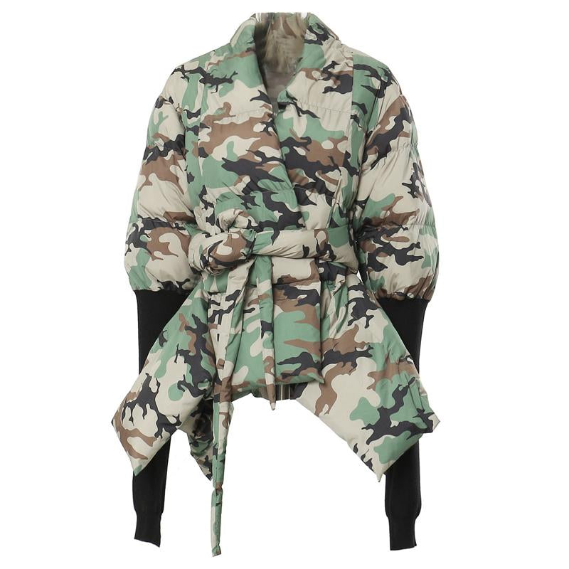 Camouflage Stitching Knitted Cuff Cotton-padded Peplum Jacket