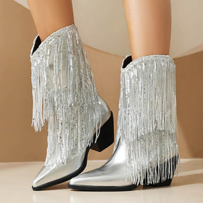 Women's Pointed Boots Thick Heel Tassel Boots