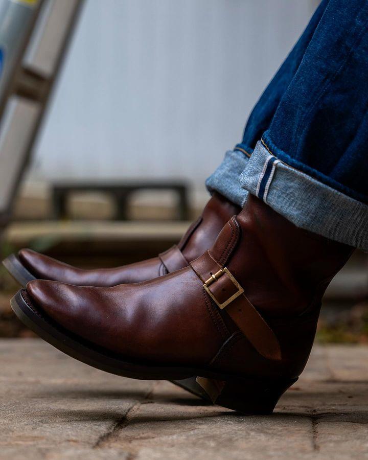 1930's Vintage Triple Stitched Horsehide Brass Buckle Engineer Boots